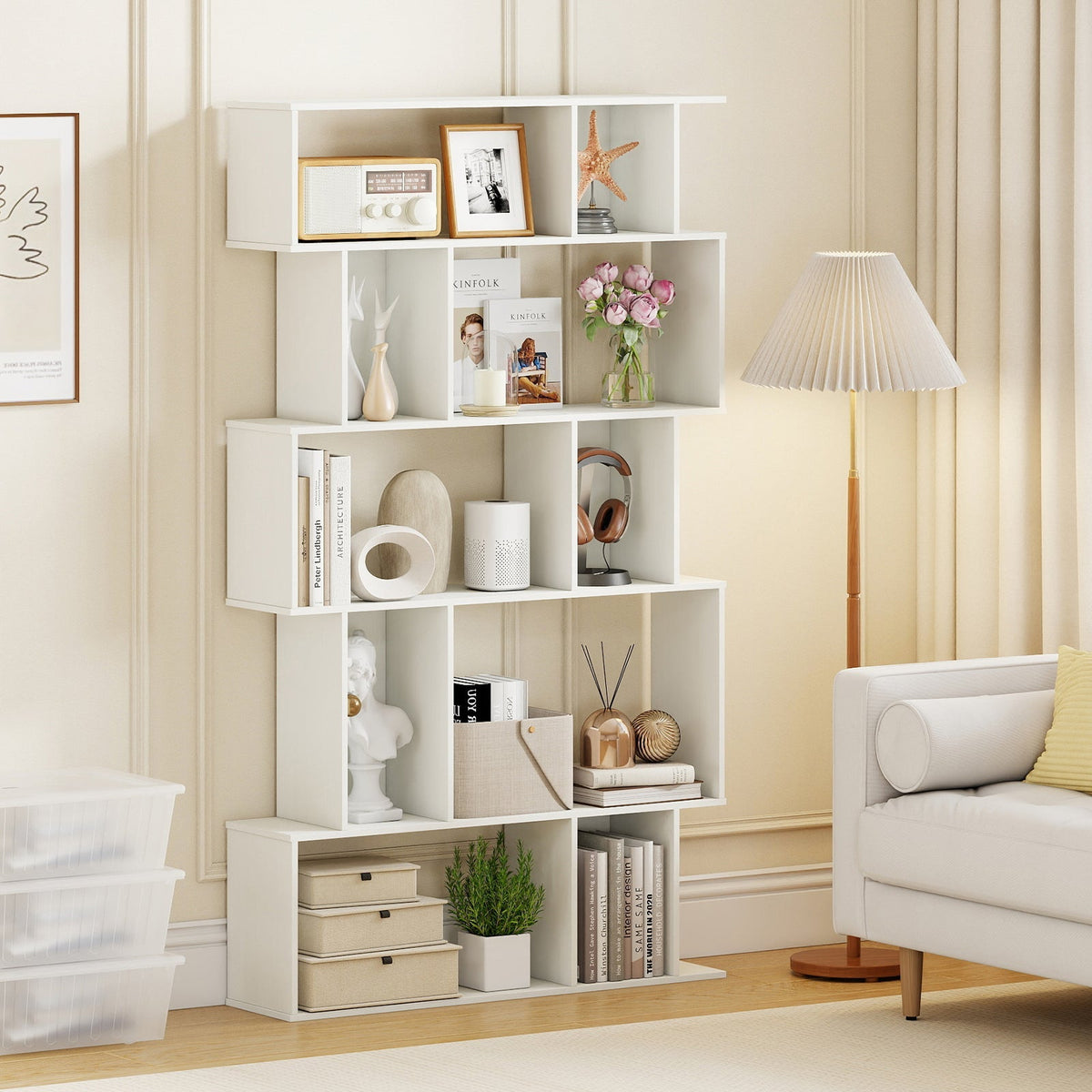 Geometric Bookshelf Set of 2 5-Tier Bookcase with Open Shelves and Closed-back Cubes
