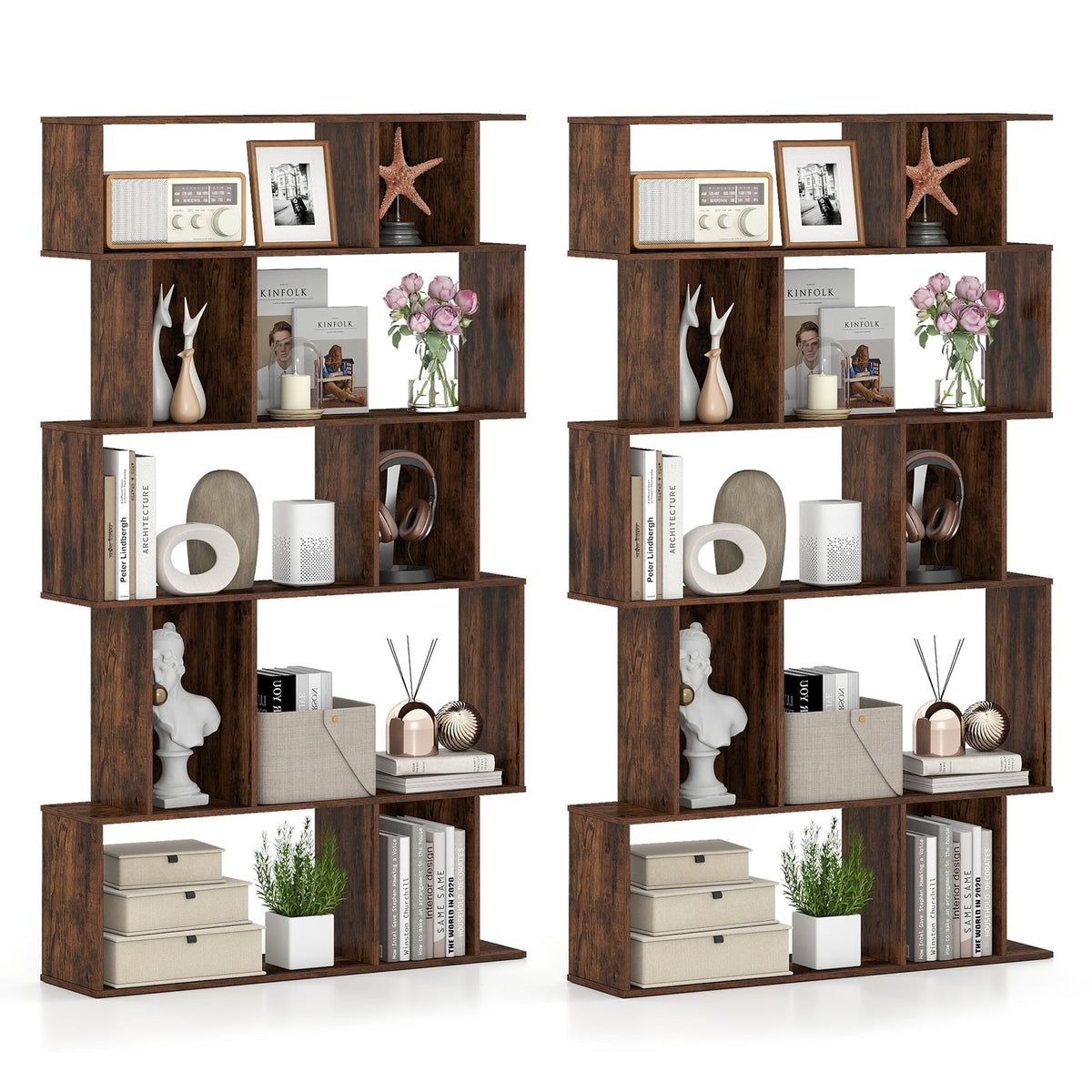 Geometric Bookshelf Set of 2 5-Tier Bookcase with Open Shelves and Closed-back Cubes