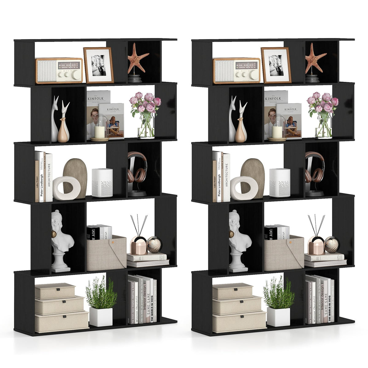 Geometric Bookshelf Set of 2 5-Tier Bookcase with Open Shelves and Closed-back Cubes