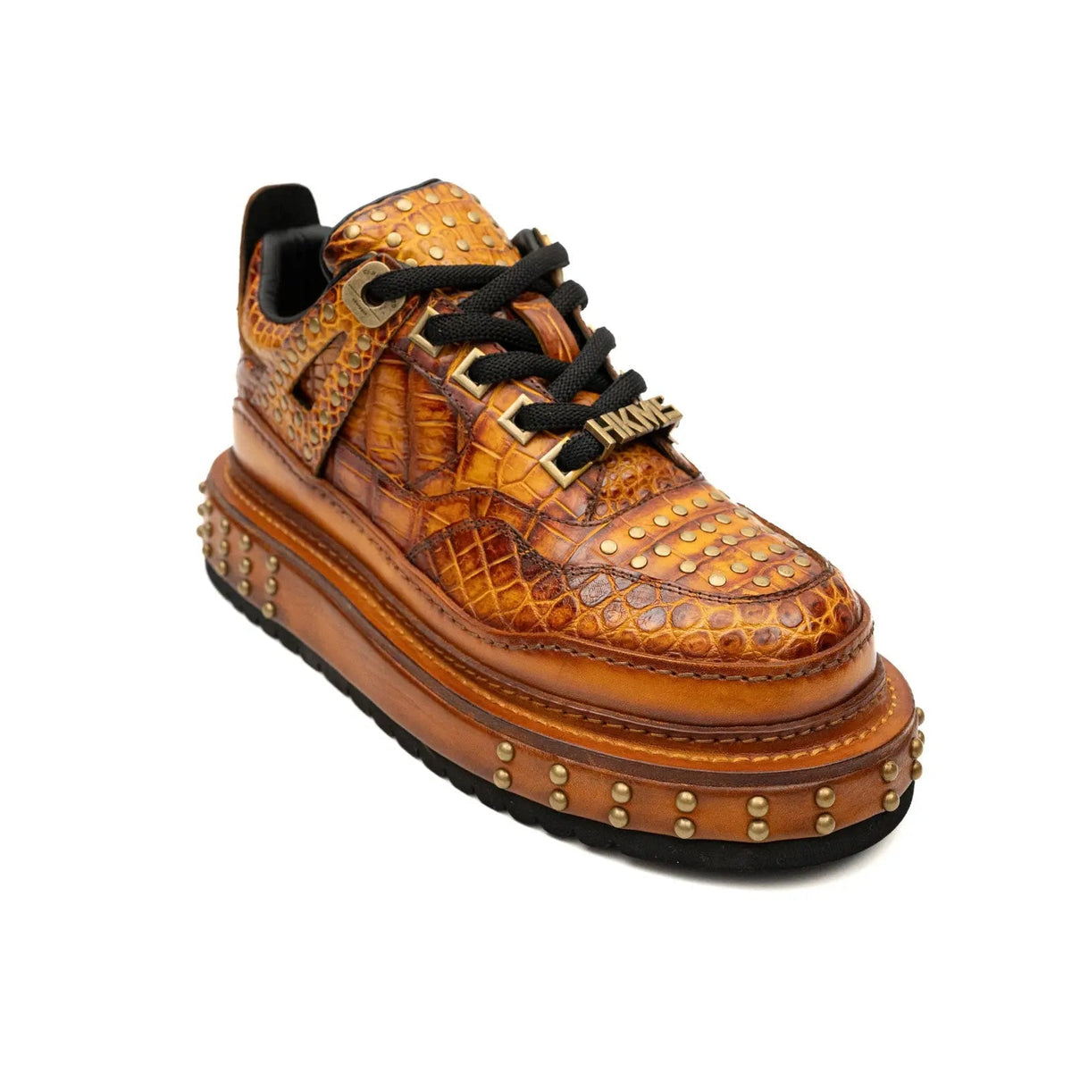 Orange Studded Crocodile Leather Sneakers