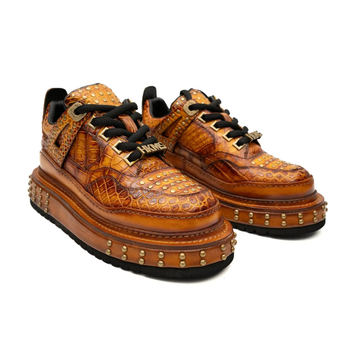 Orange Studded Crocodile Leather Sneakers
