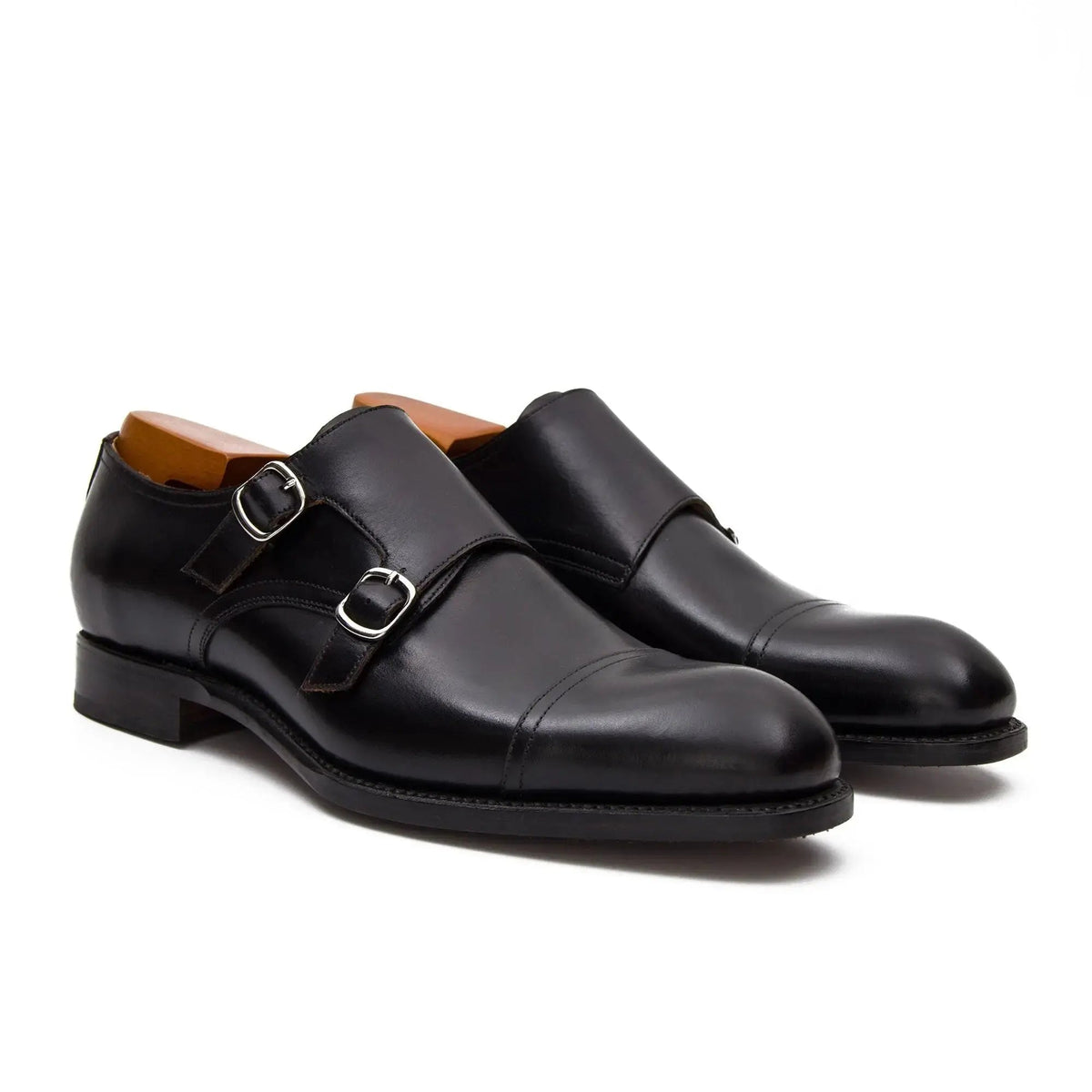 Black Cap-Toe Cow Leather Monk Shoes
