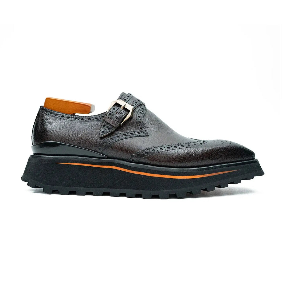 Brown-Black Wingtip Cow Leather Monk Shoes