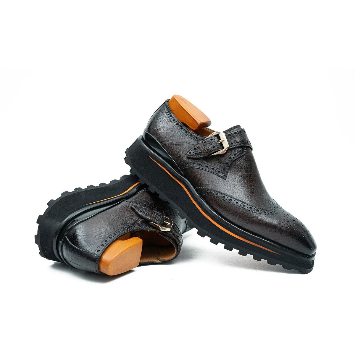 Brown-Black Wingtip Cow Leather Monk Shoes