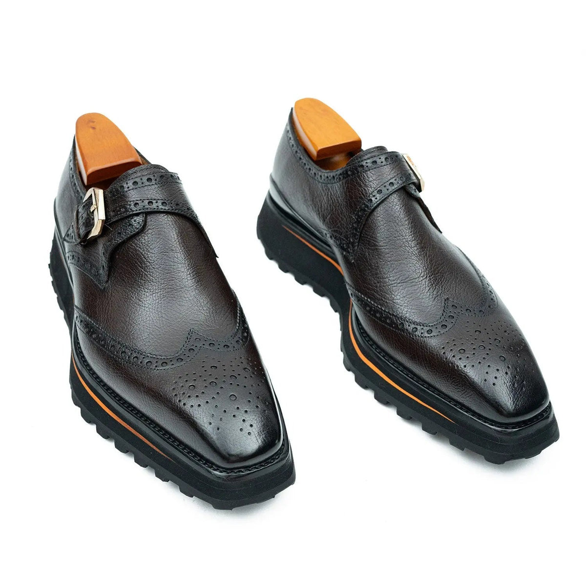 Brown-Black Wingtip Cow Leather Monk Shoes