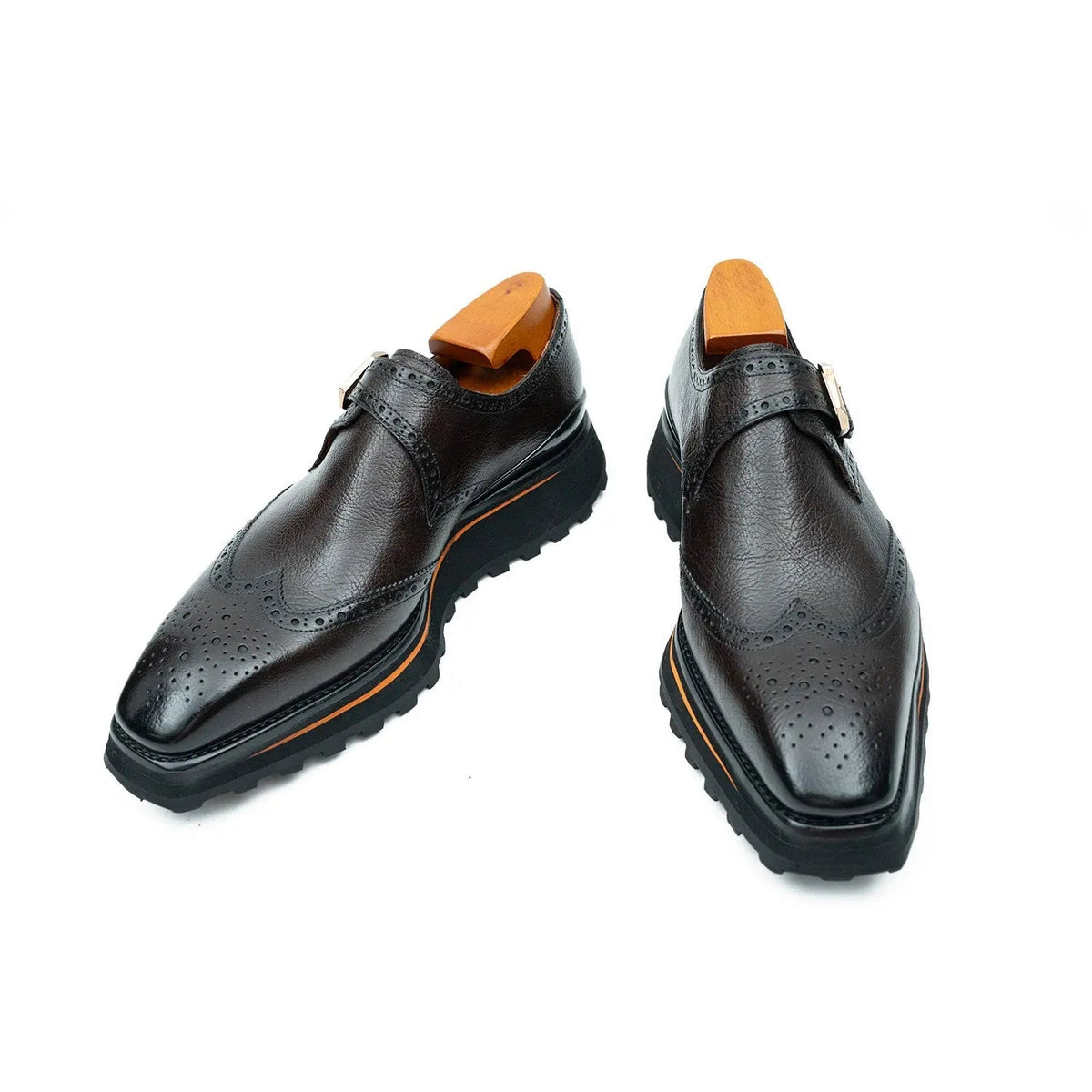 Brown-Black Wingtip Cow Leather Monk Shoes