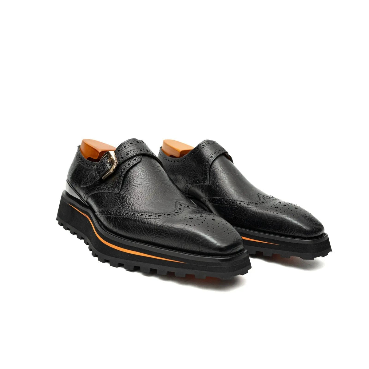 Black Wingtip Kangaroo Leather Monk Shoes