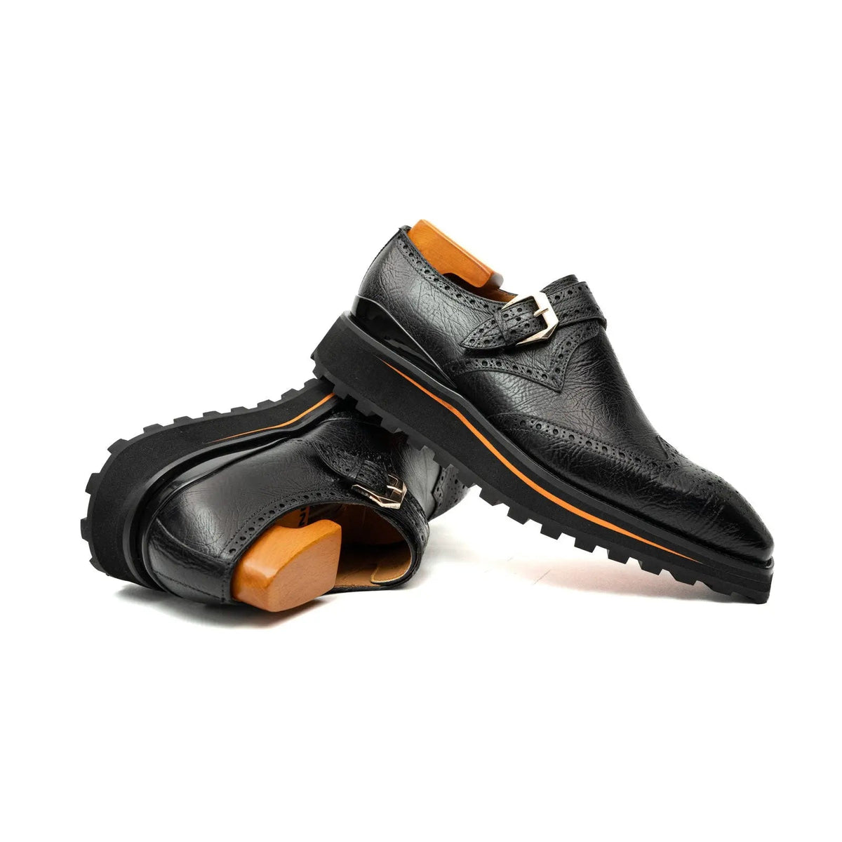 Black Wingtip Kangaroo Leather Monk Shoes