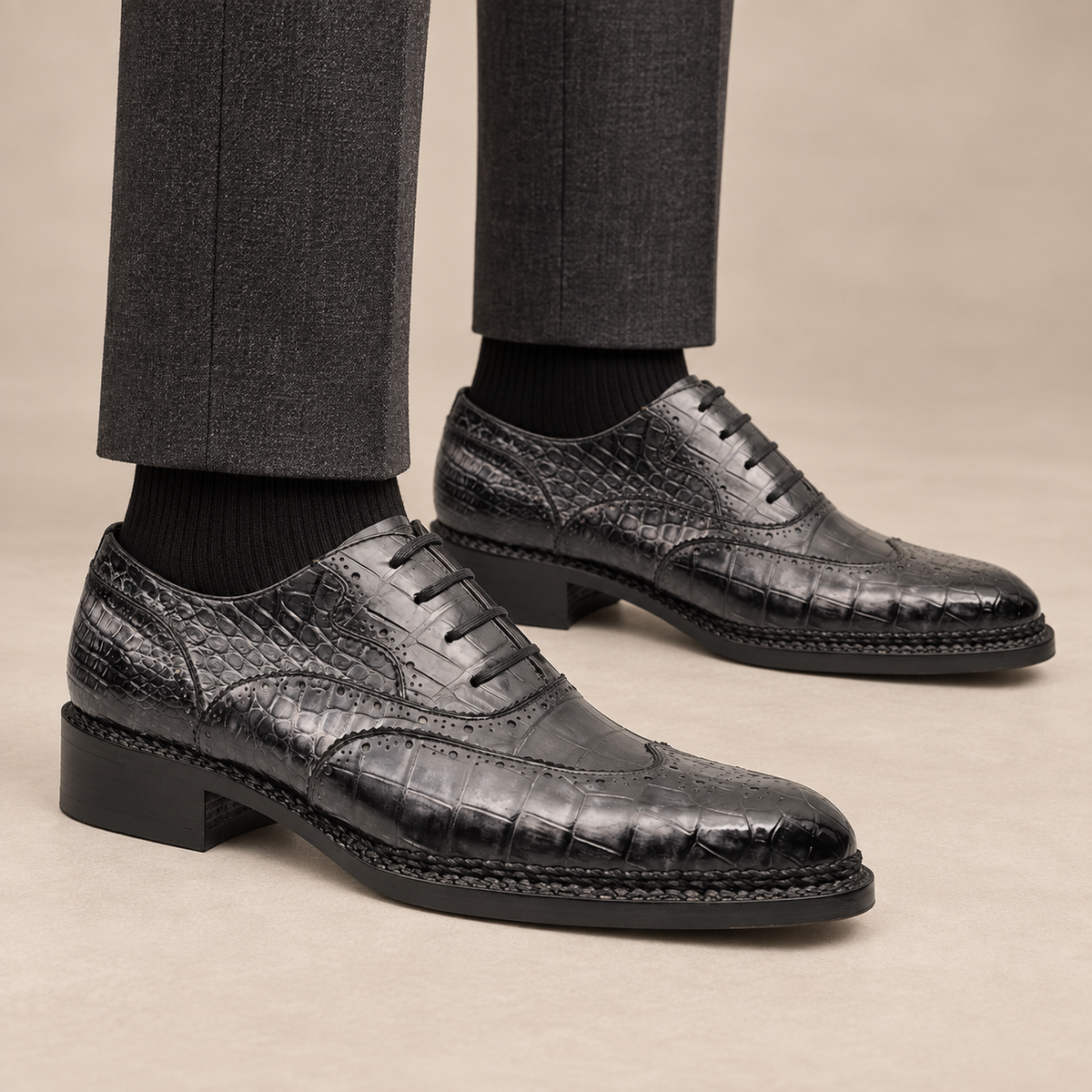 Gray Crocodile Leather Oxford Shoes