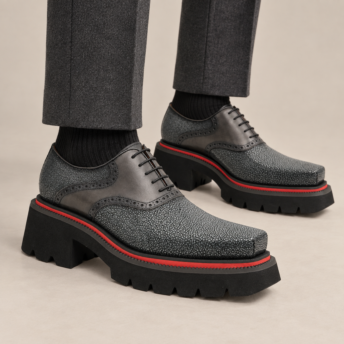 Gray Stingray Leather Oxford Shoes