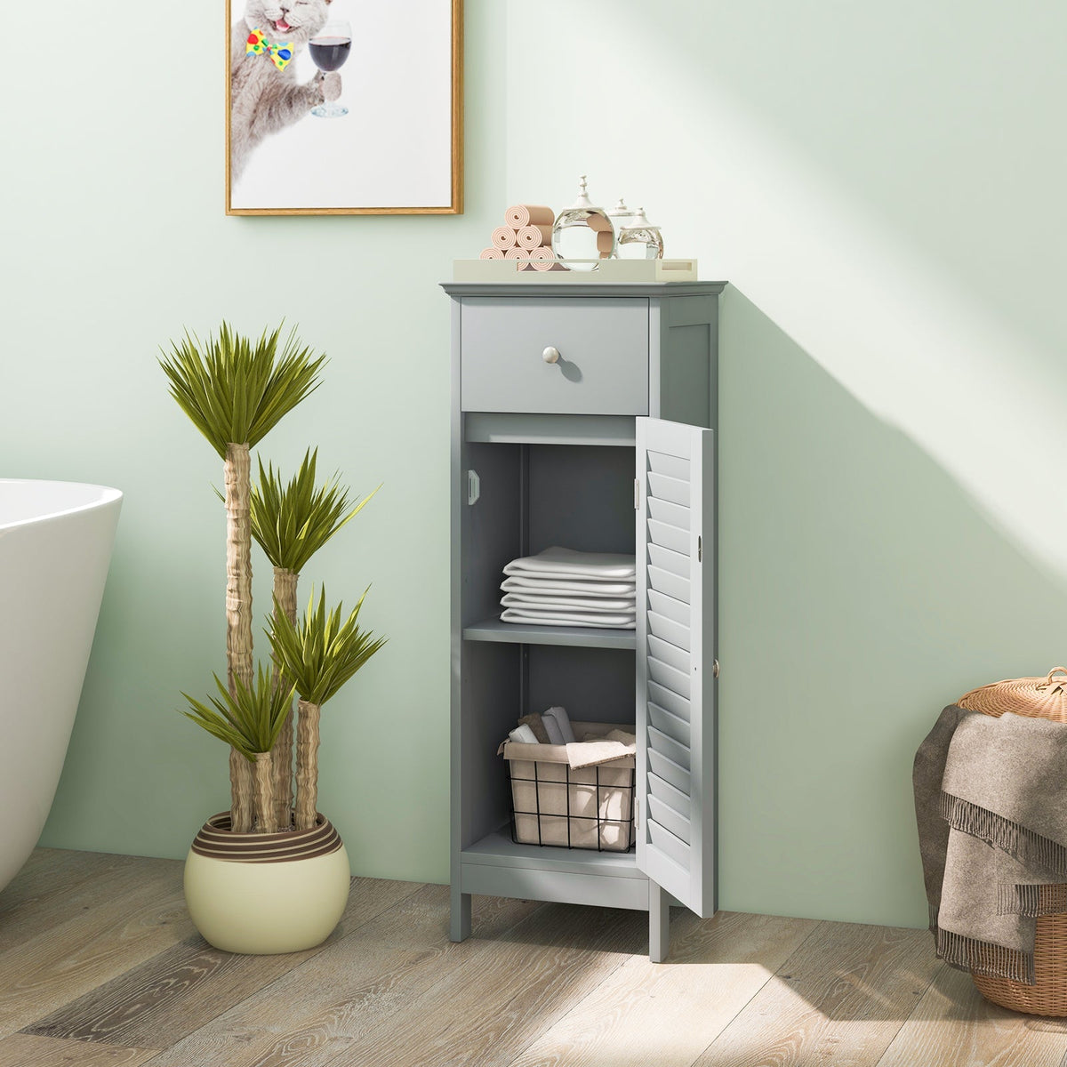 Woodern Bathroom Floor Storage Cabinet with Drawer and Shutter Door