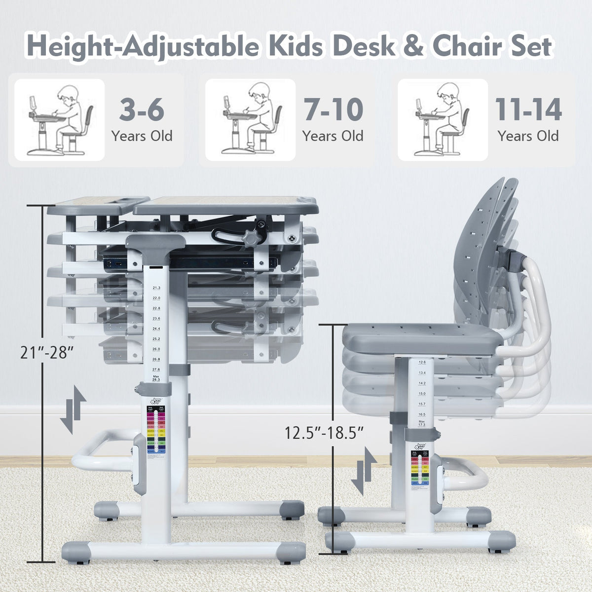Height Adjustable Kids Study Desk and Chair Set