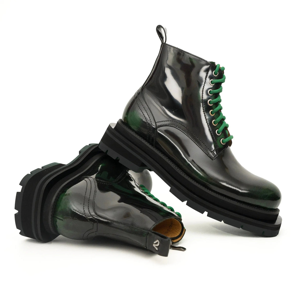 Black-Green Plain-Toe Cow Leather Ankle Boots