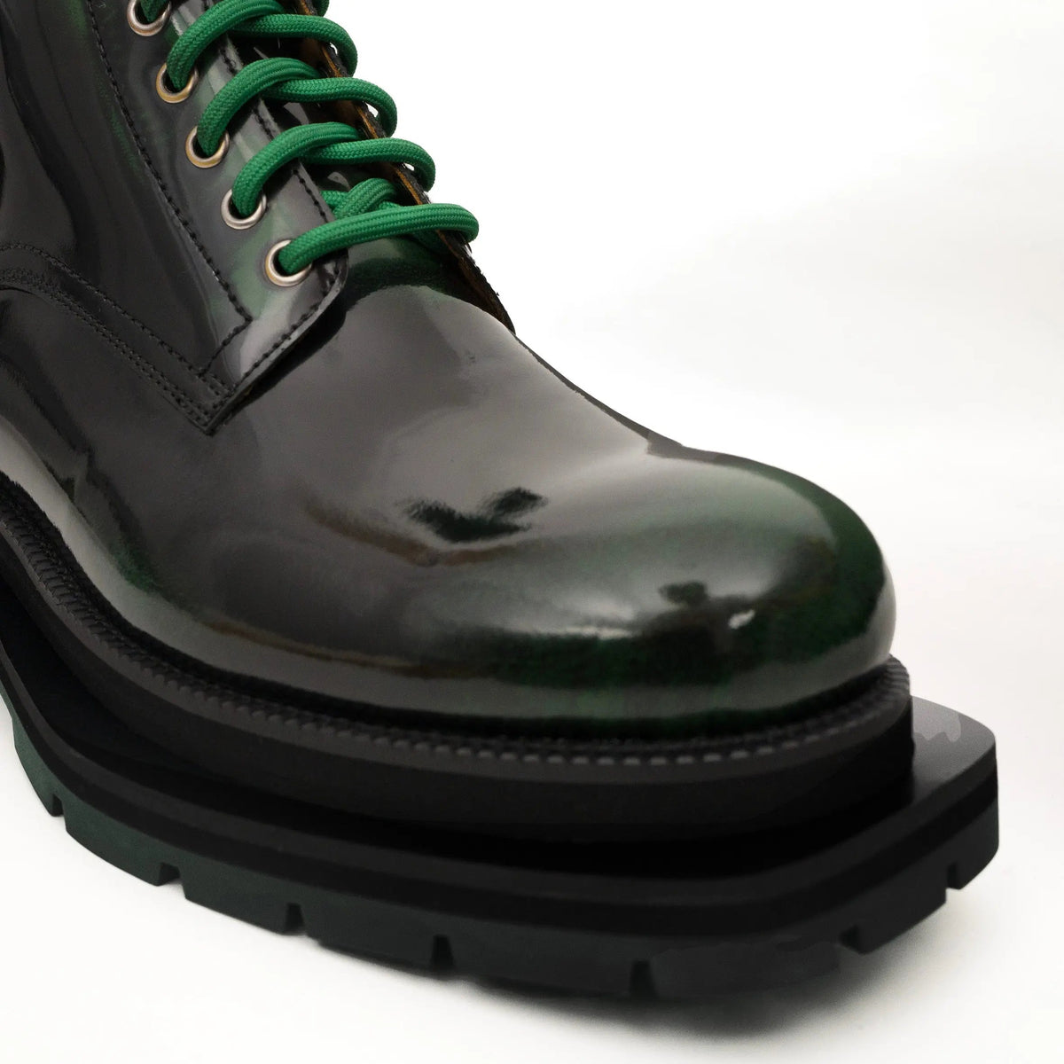 Black-Green Plain-Toe Cow Leather Ankle Boots