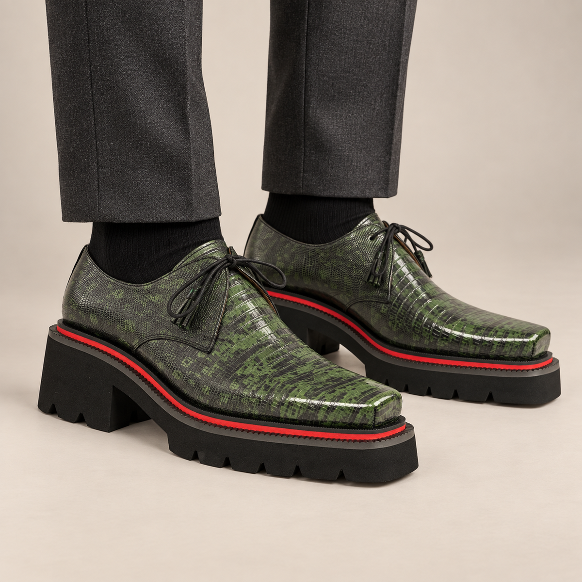 Green Lizard-Embossed Cow Leather Derby Shoes