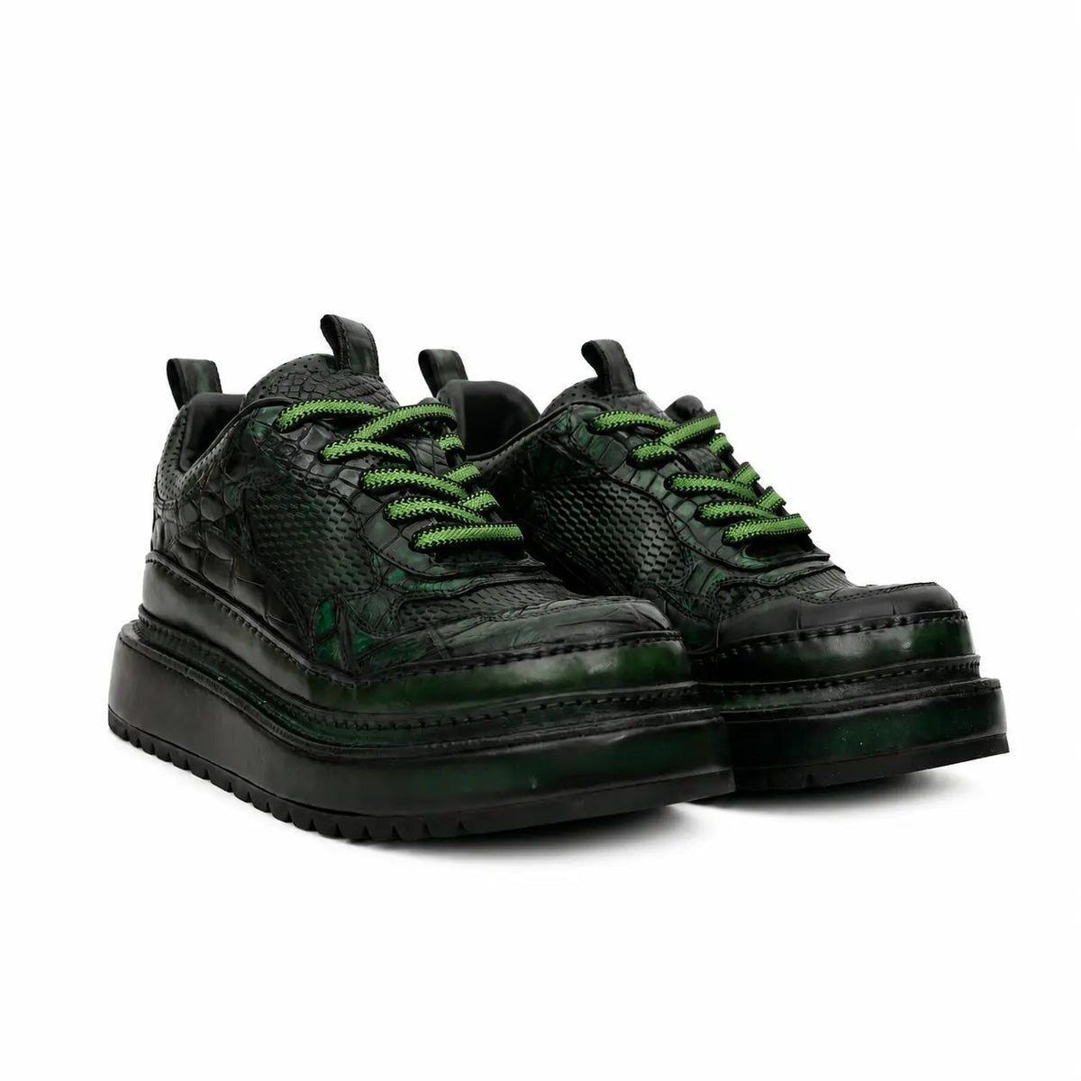 Green-Black Platform Crocodile Leather Sneakers