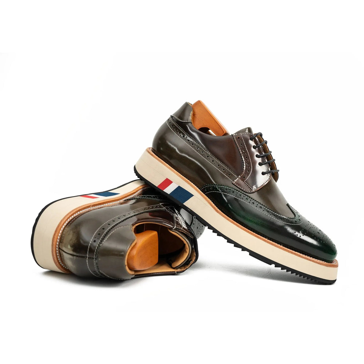 Green Wingtip Cow Leather Derby Shoes