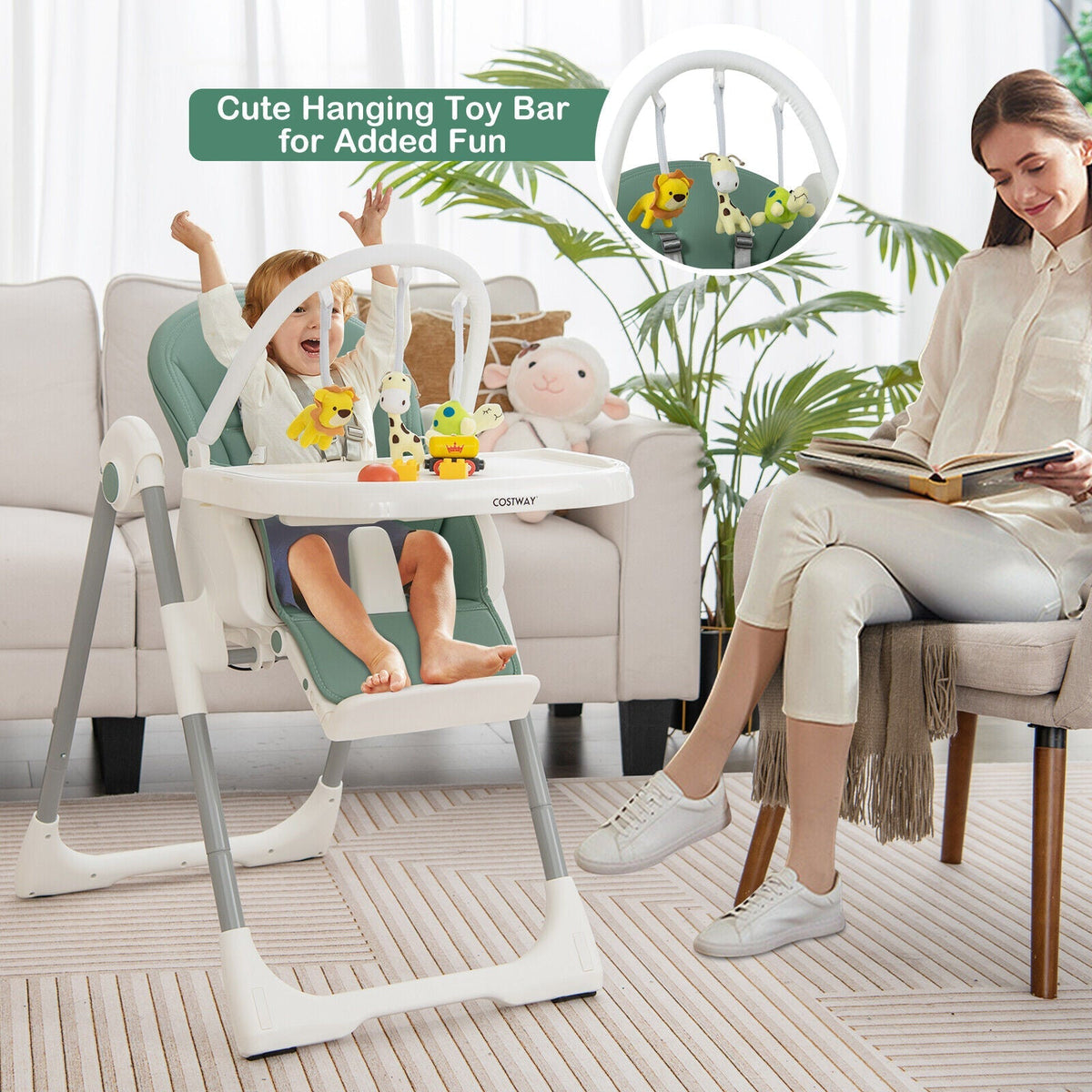 4-in-1 Foldable Baby High Chair with 7 Adjustable Heights and Free Toys Bar