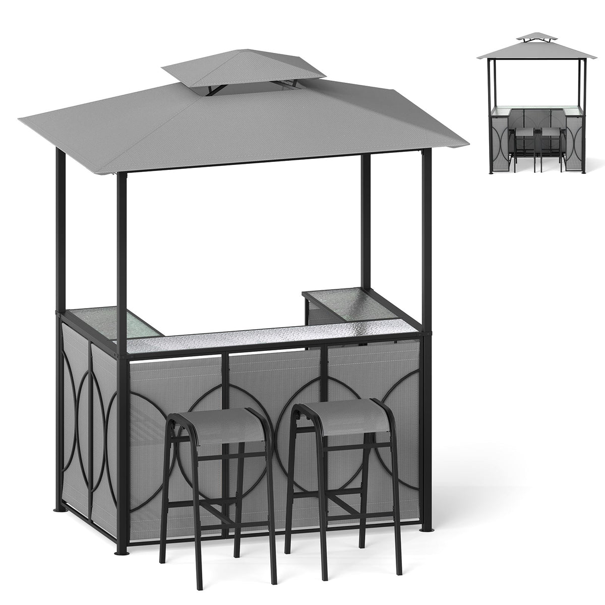 Cenador de parrilla de 6.5 x 4 x 8 pies con 2 taburetes de bar y mesa de bar