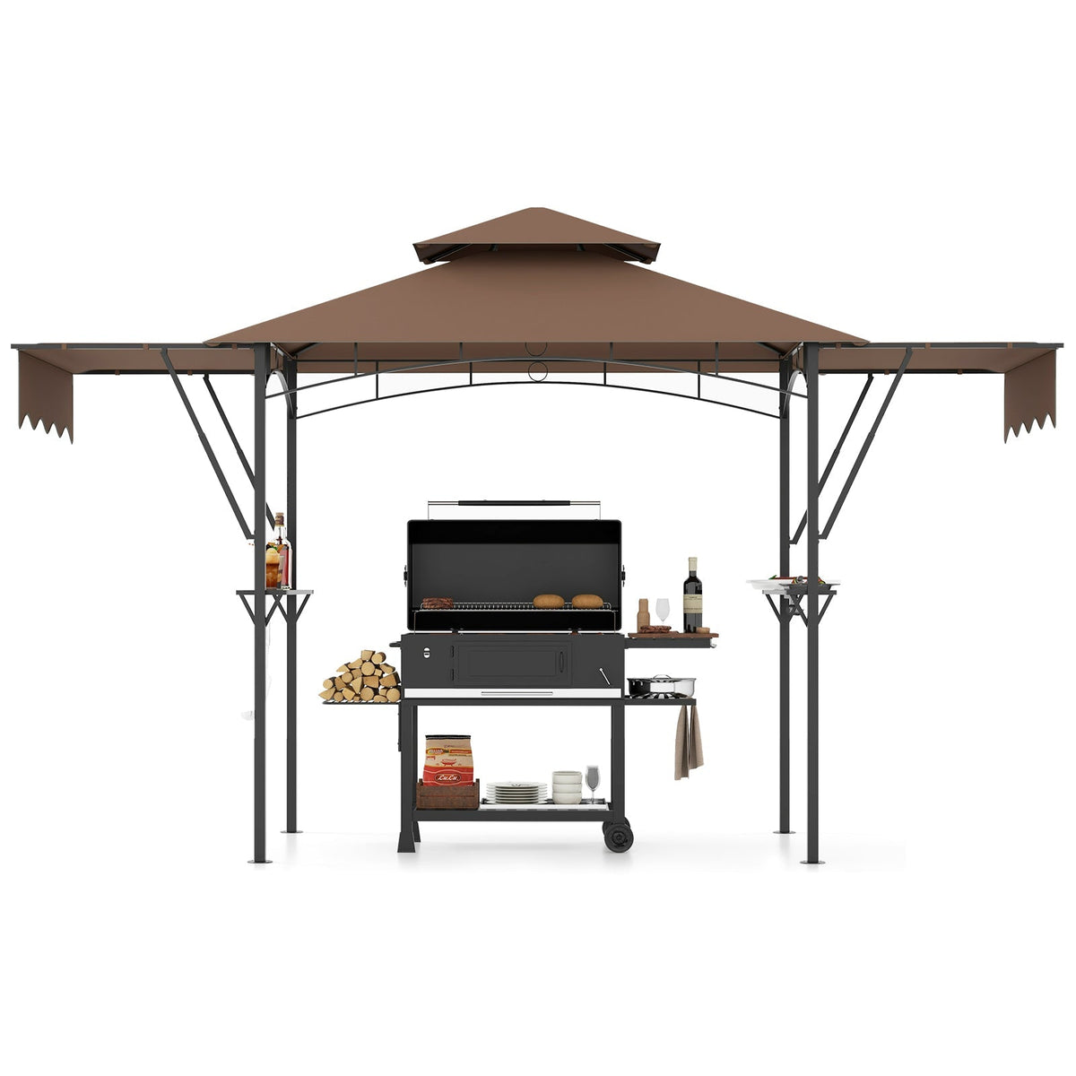 13 x 5 Feet Grill Gazebo with Dual Side Awnings and 2 Shelves Adjustable Shadow