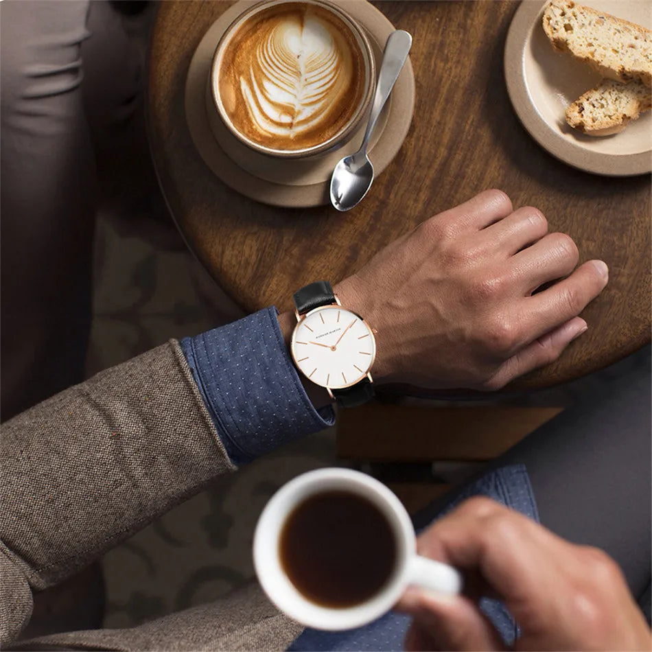 Dropshipping High Quality Rose Gold Dial Watch Men Leather Waterproof Wristwatch Women Dress Fashion Brand Quartz Movement Saat