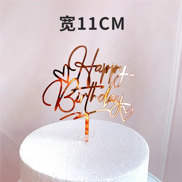 Ins Golden Happy Birthday Cake Topper Black Acrylic Birthday Party Cake Topper Cake for Baby Shower Dessert Decoration Gift Flag