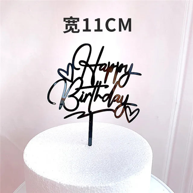 Ins Golden Happy Birthday Cake Topper Black Acrylic Birthday Party Cake Topper Cake for Baby Shower Dessert Decoration Gift Flag