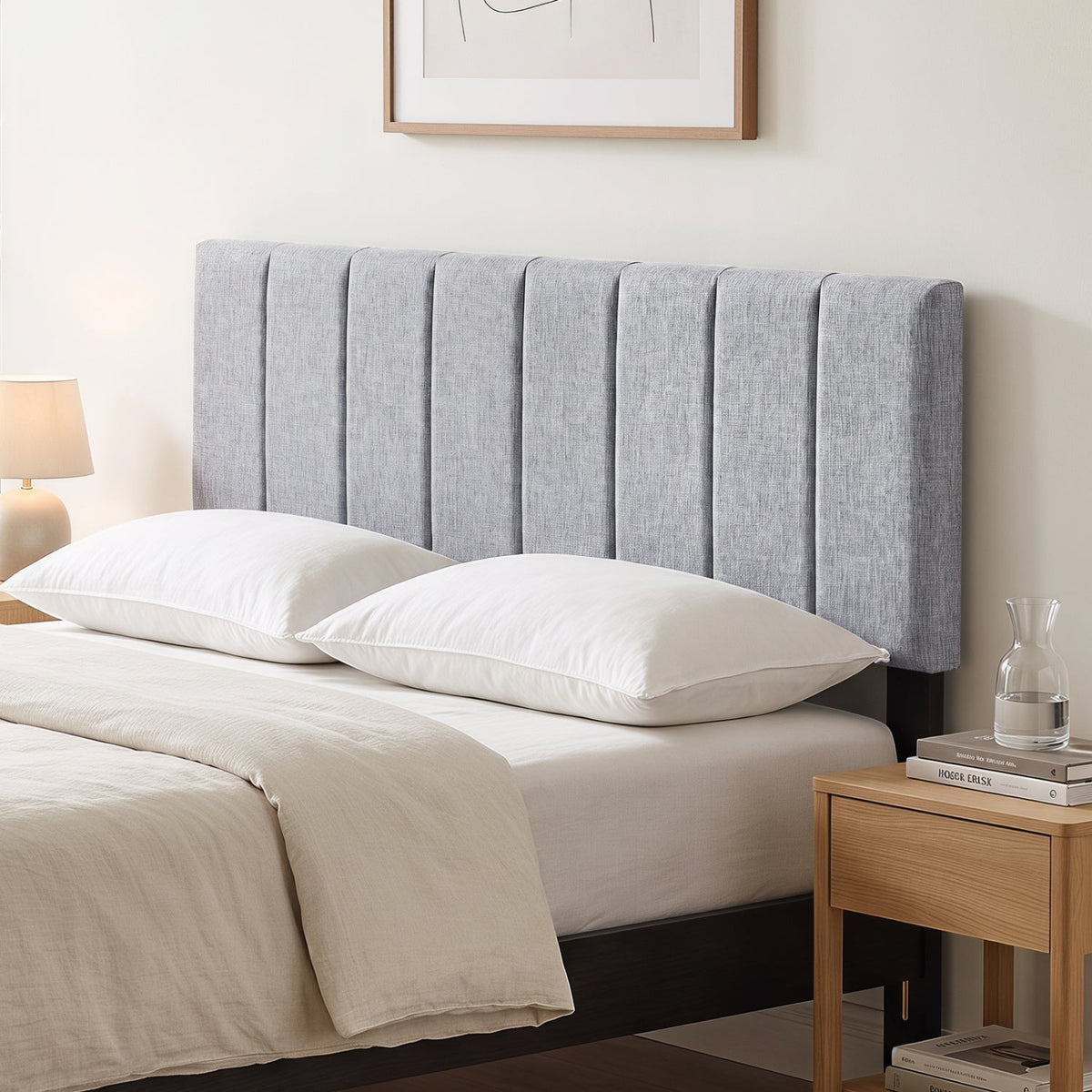Linen Upholstered Headboard with Solid Wood Legs and Adjustable Width