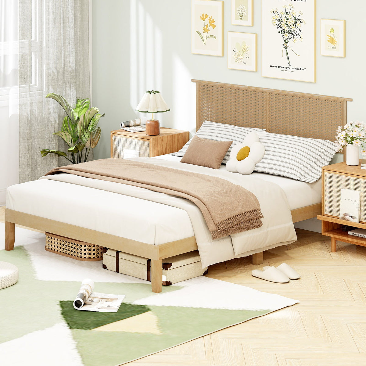 Twin/Full/Queen Size Bed Frame with Rattan Headboard