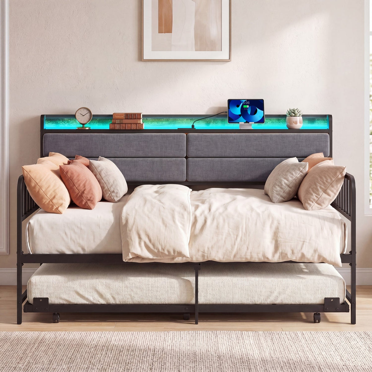 Twin Size Daybed with Trundle and Metal Bed Frame with Headboard