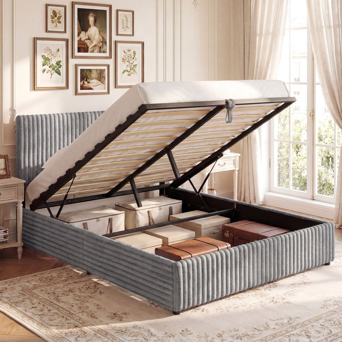Queen Size Lift-up Storage Bed with Wooden Slat Support