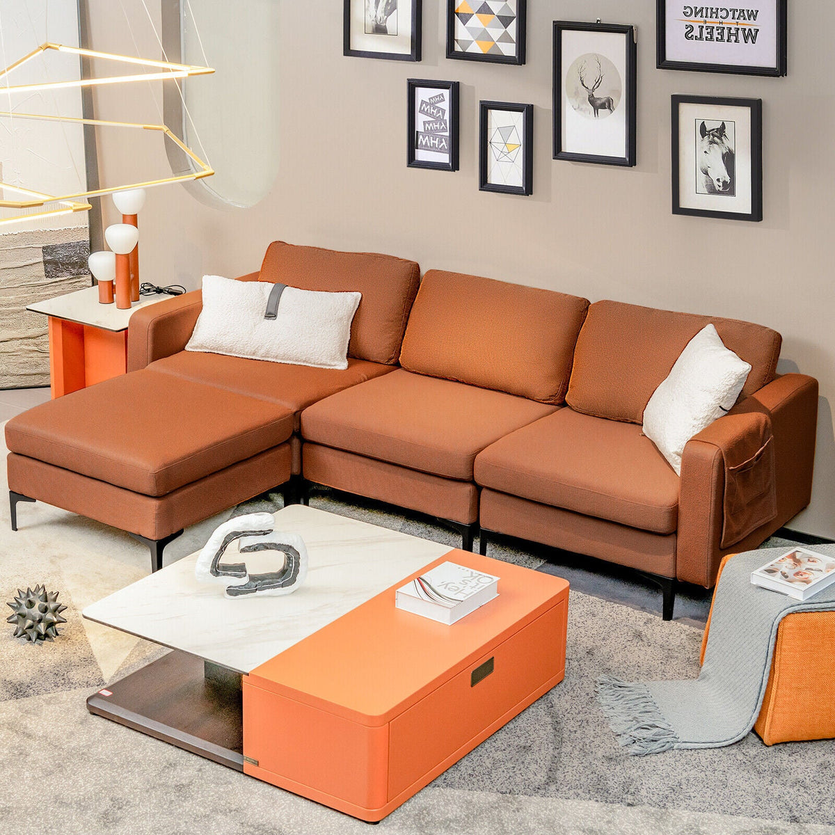 Modular 3-Seat L-shaped Sectional Sofa with Reversible Chaise and 2 USB Ports-Green