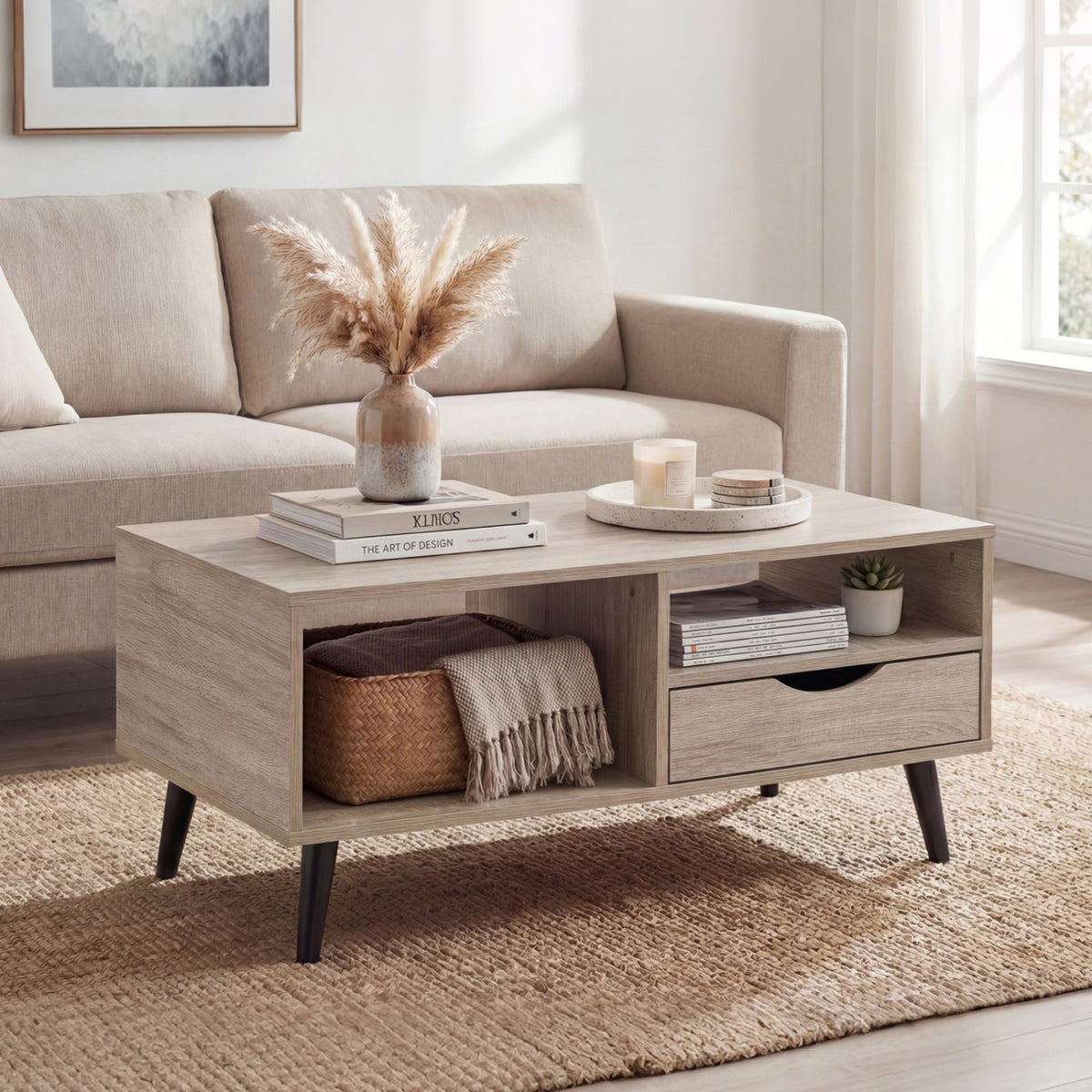Coffee Table with Storage Rustic Rectangle Center Table