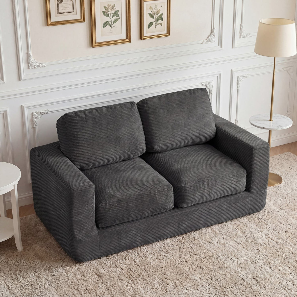 2-Seater Floor Couch Loveseat Foam Sofa with Removable Corduroy Cover