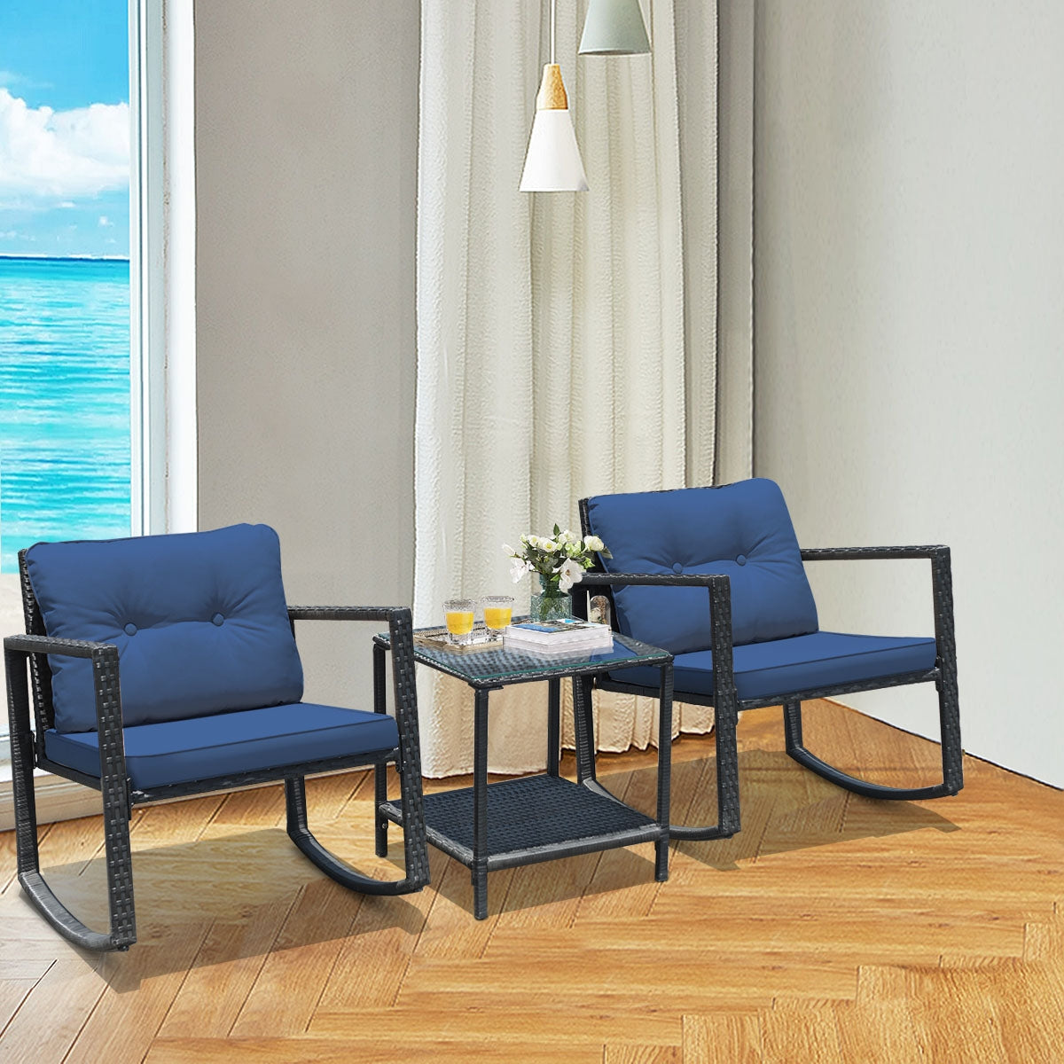 3 Pieces Cushioned Patio Rattan Set with Rocking Chair and Table-Black