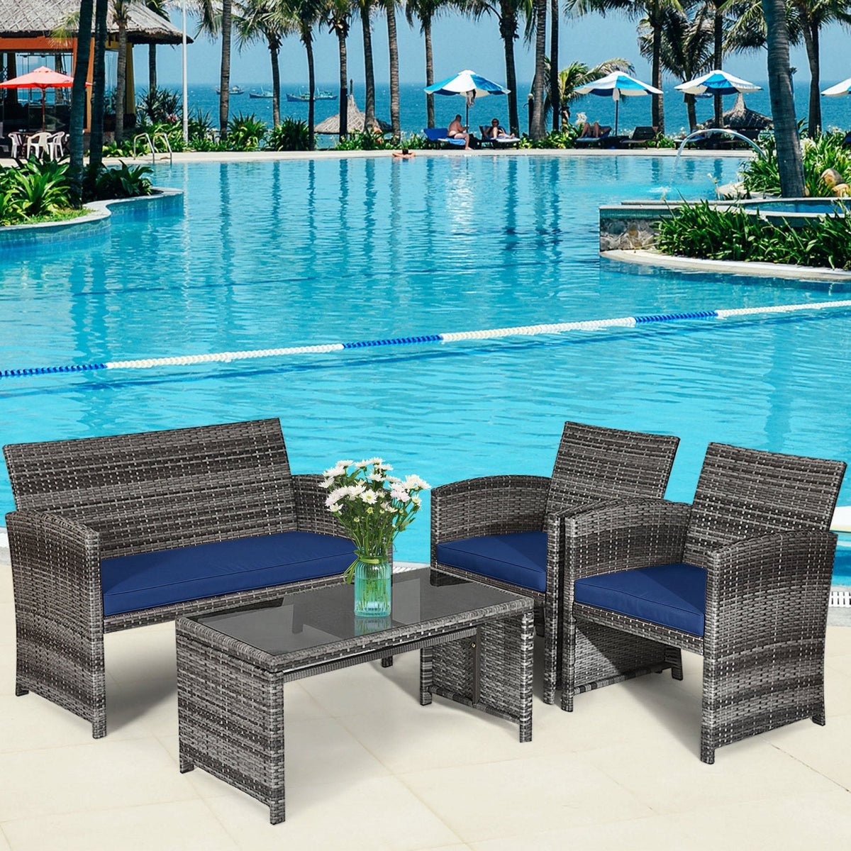 4 Pieces Patio Rattan Furniture Set with Glass Table and Loveseat-Gray