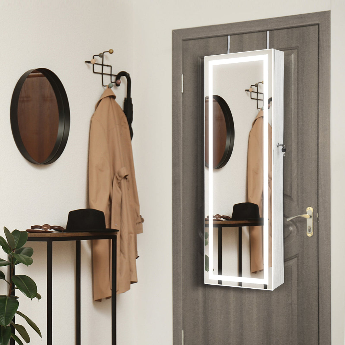 Mirrored Jewelry Armoire with Full Length Mirror and 2 Internal LED Lights
