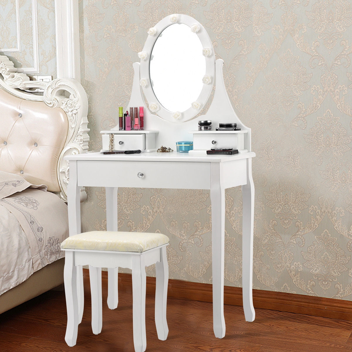 3 Drawers Lighted Mirror Vanity Dressing Table Stool Set