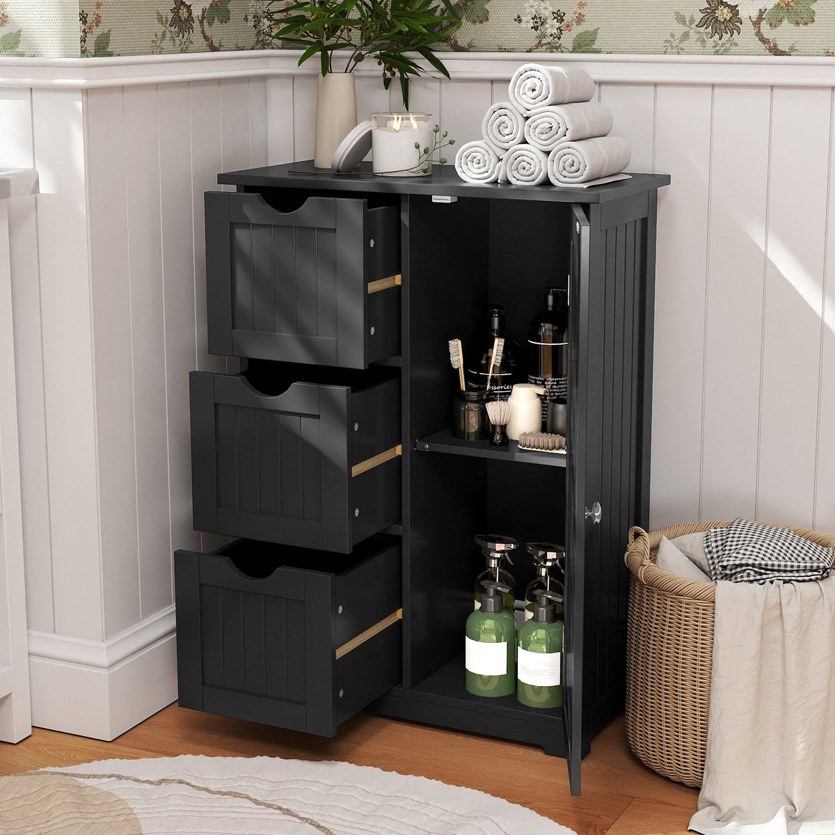 Bathroom Floor Cabinet Side Storage Cabinet with 3 Drawers and 1 Cupboard