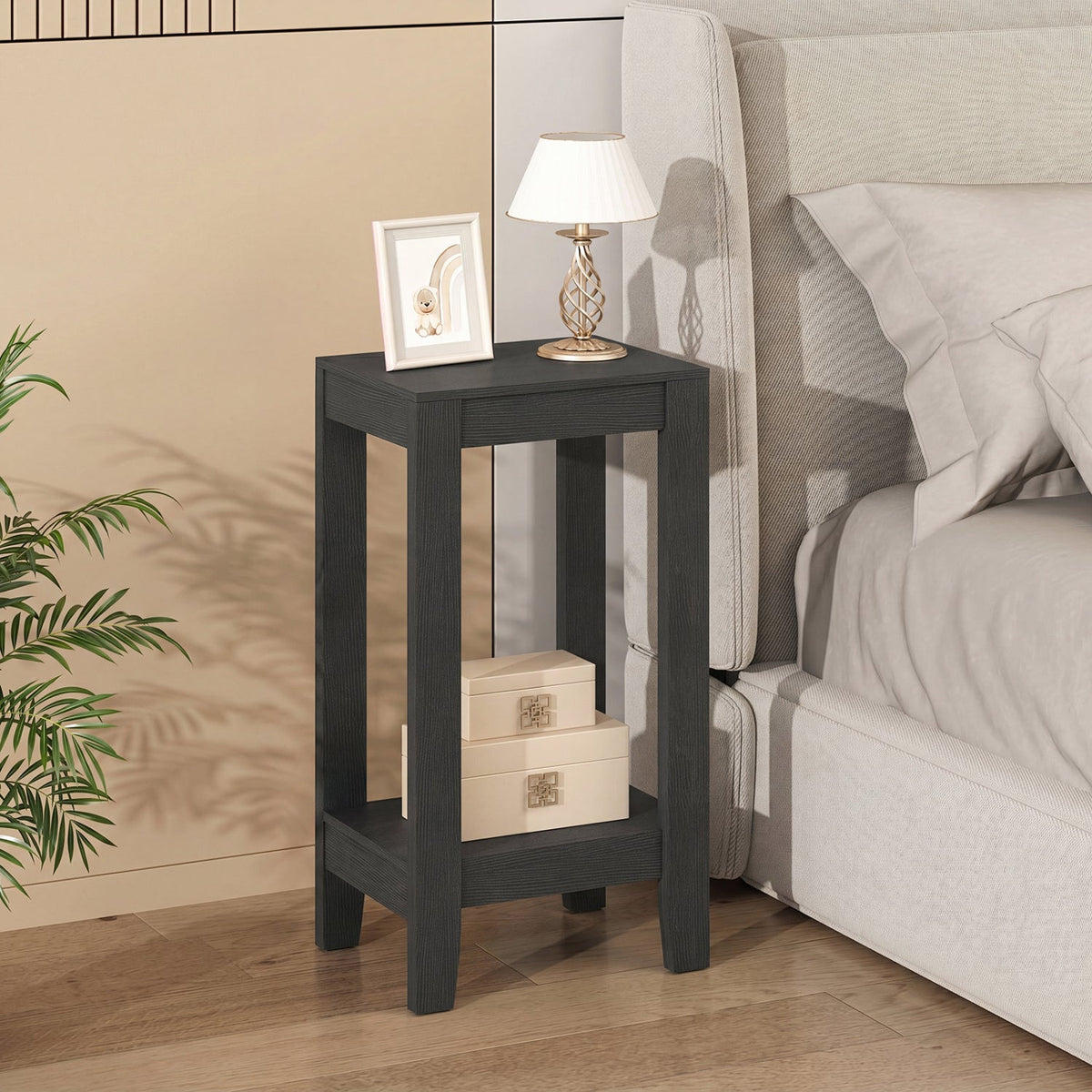 2-Tier Nightstand End Side Wooden Legs Table for Bedroom