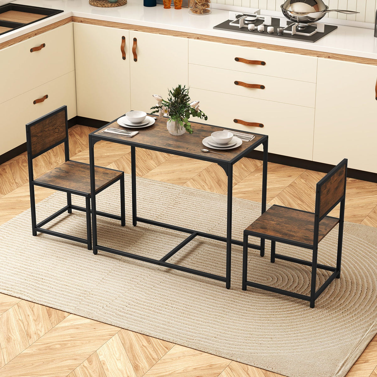 3 Pcs Dining Set Compact Table and 2 Chair with Metal Frame for for Small Space