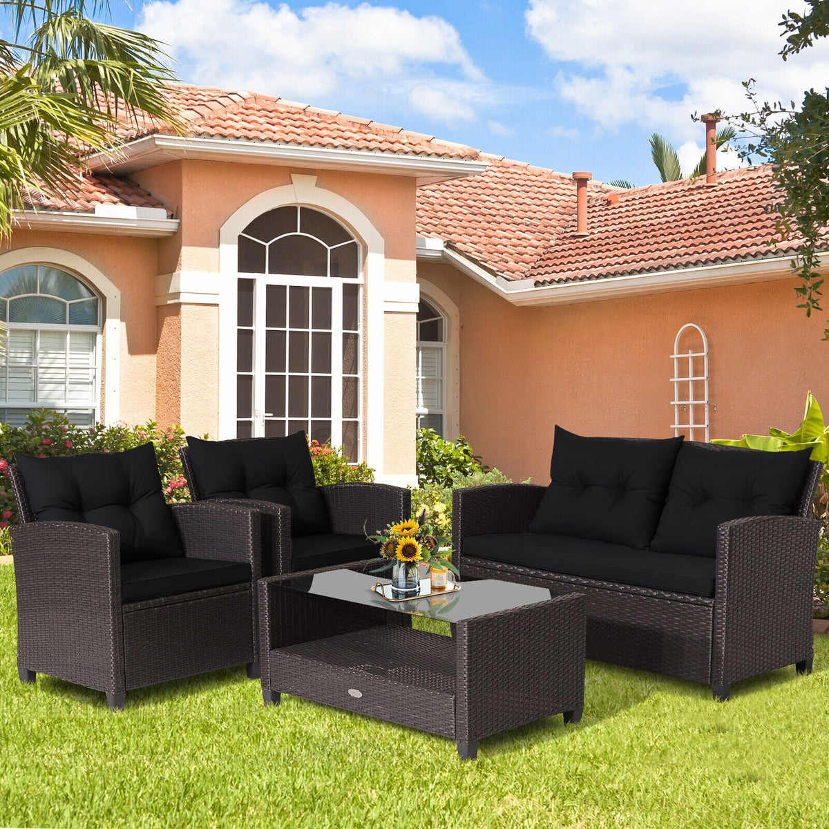 4 Pieces Patio Rattan Conversation Furniture Set with Glass Top Coffee Table-Gray