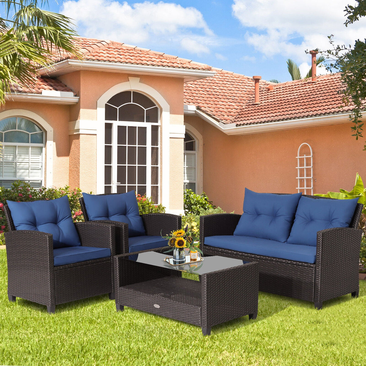4 Pieces Patio Rattan Conversation Furniture Set with Glass Top Coffee Table-Gray