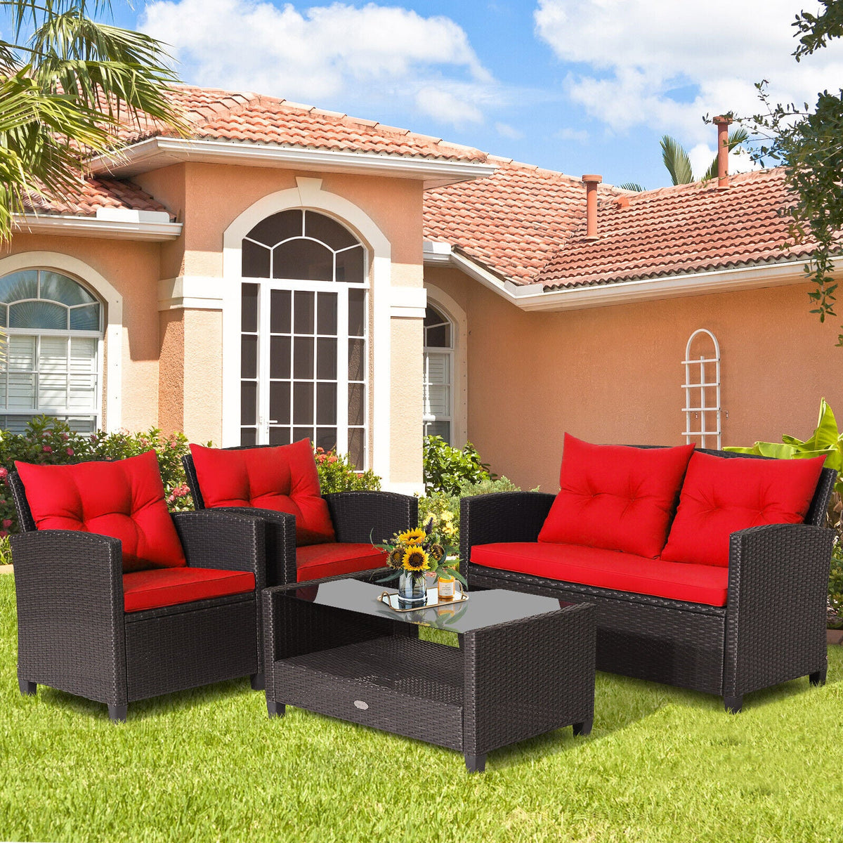 4 Pieces Patio Rattan Conversation Furniture Set with Glass Top Coffee Table-Gray