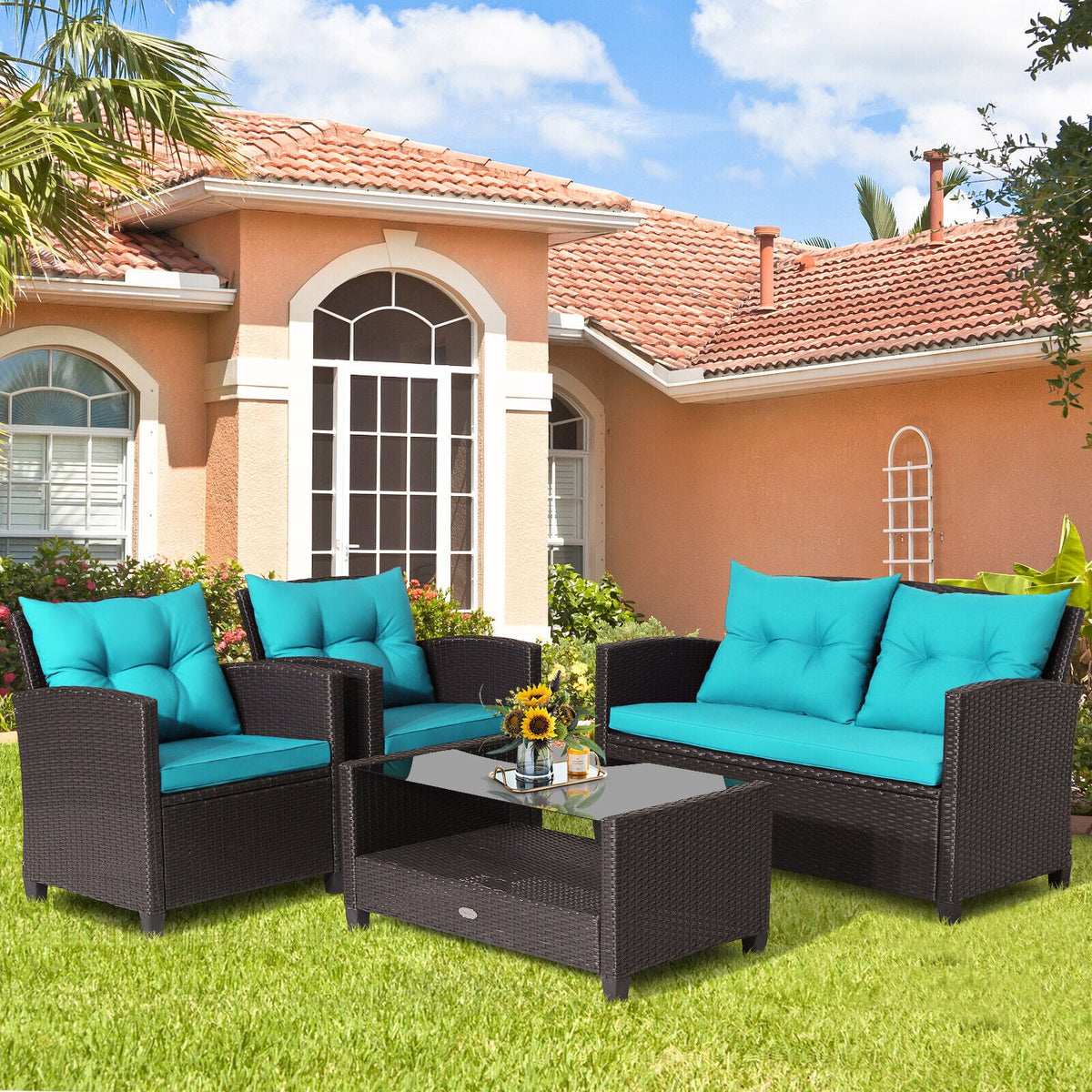 4 Pieces Patio Rattan Conversation Furniture Set with Glass Top Coffee Table-Gray