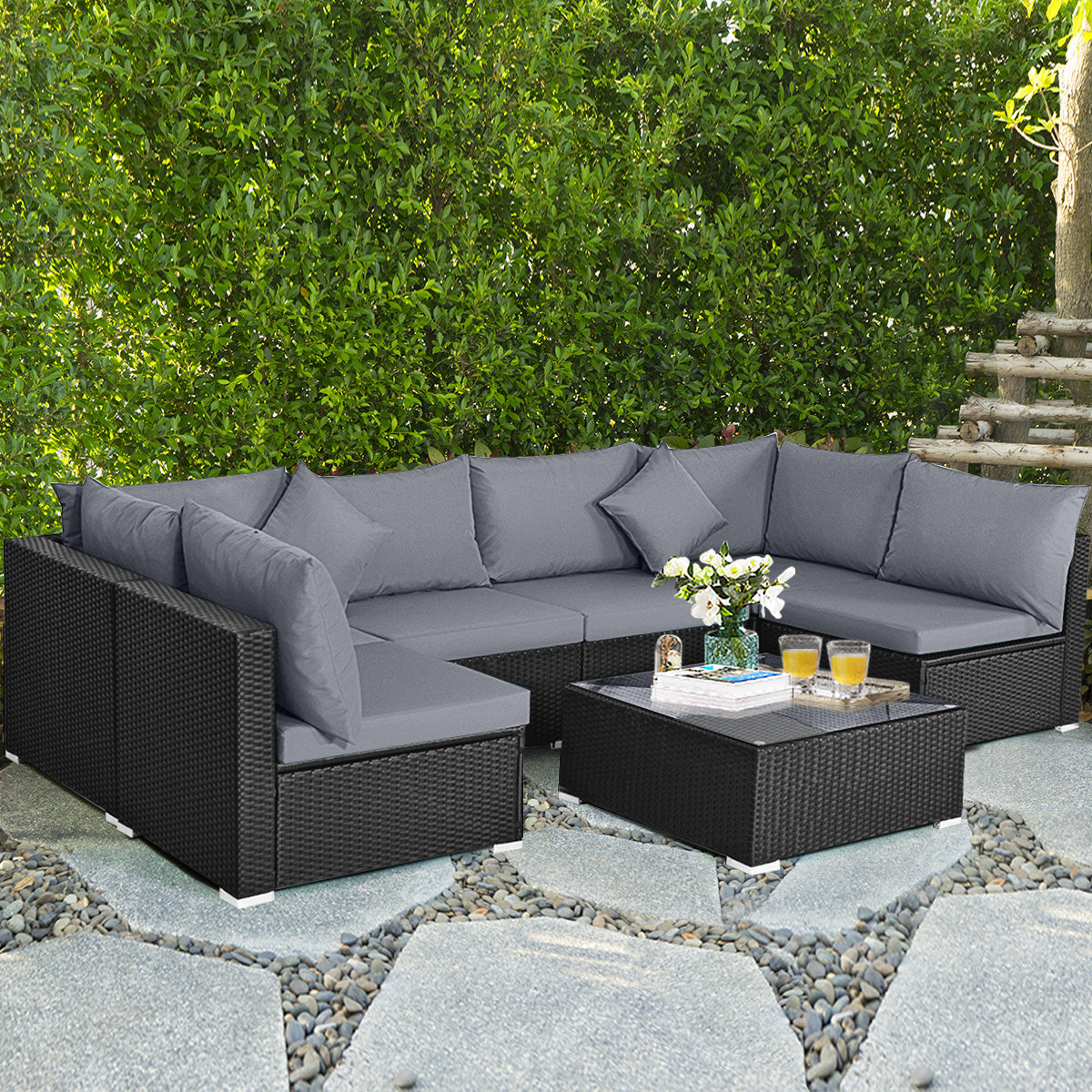 7 Pieces Sectional Wicker Furniture Sofa Set with Tempered Glass Top-Red