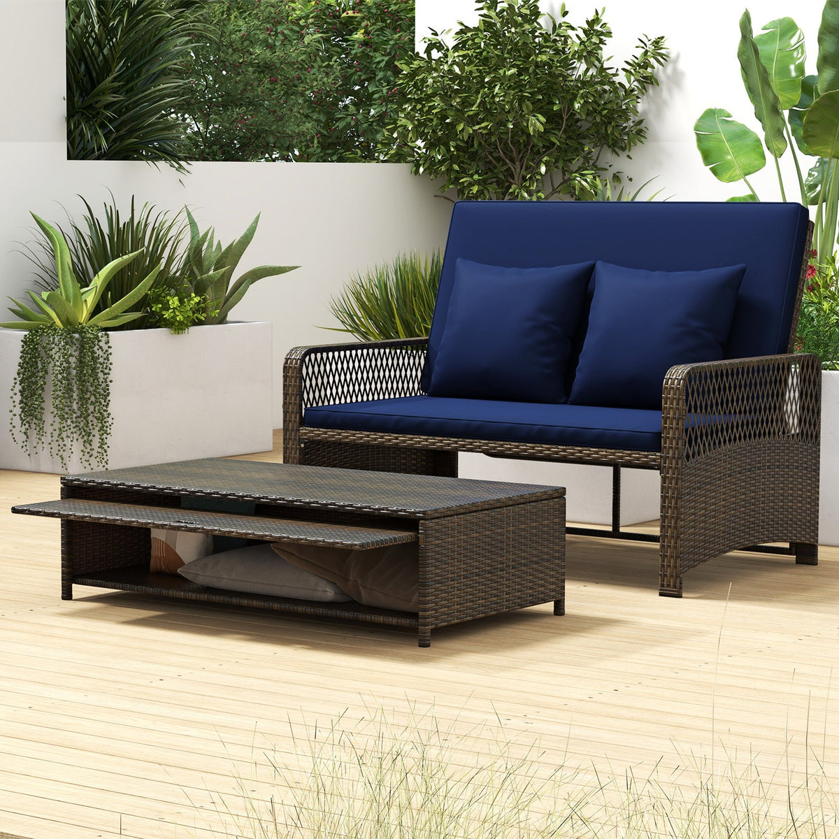 Patio Adjustable Wicker Daybed with 4-Level Backrest and Soft Cushions