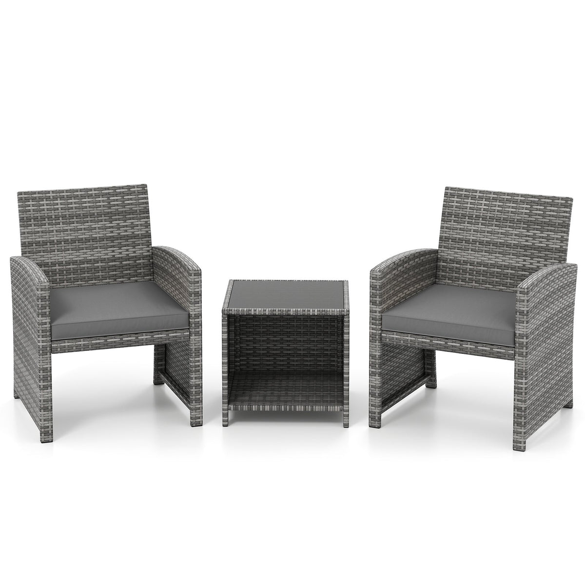 3 Pieces Patio Furniture Set with Tempered Glass Coffee Table and Soft Seat Cushions