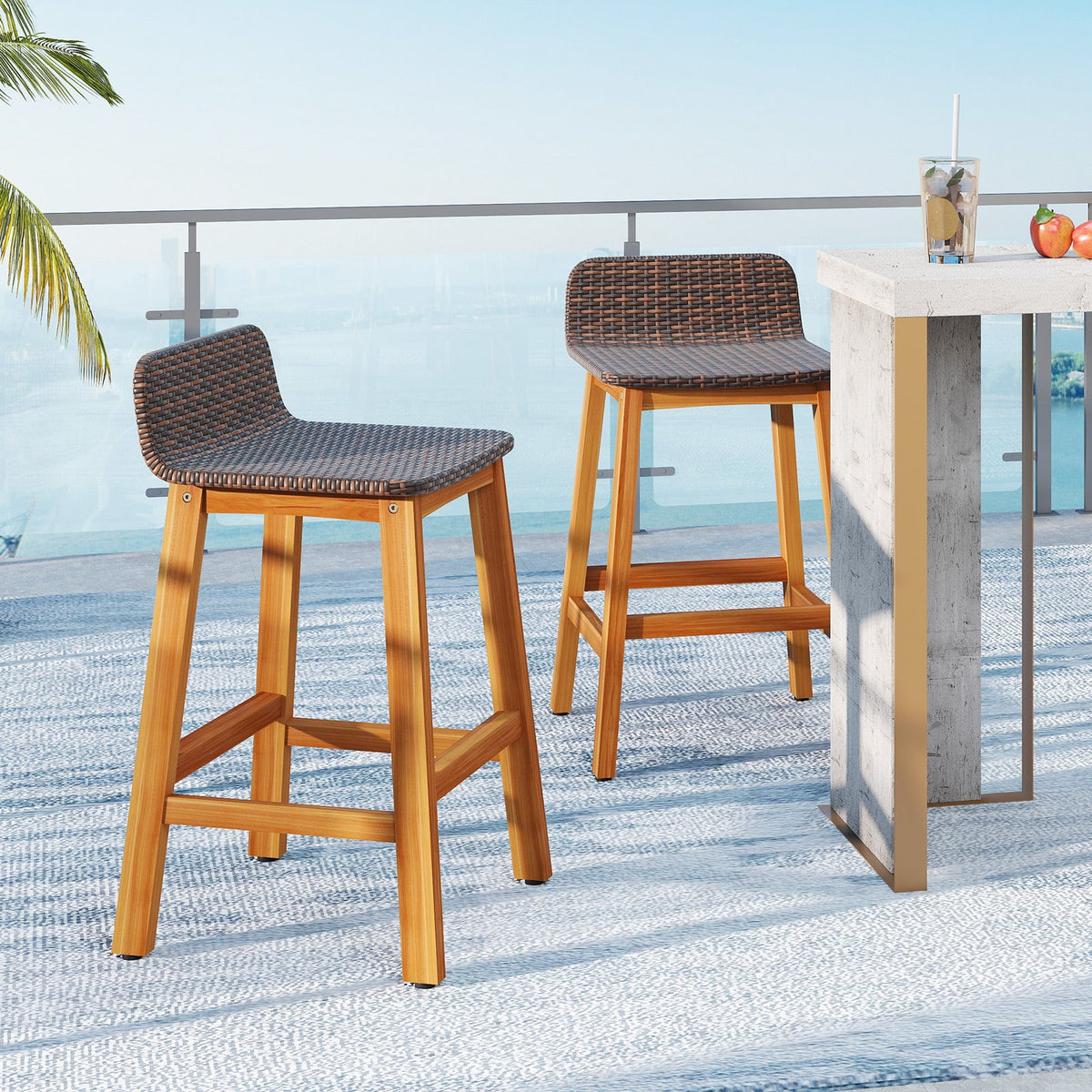 Solid Acacia Wood Bar Stools Set of 2 with Backrests and Footrests for Porch