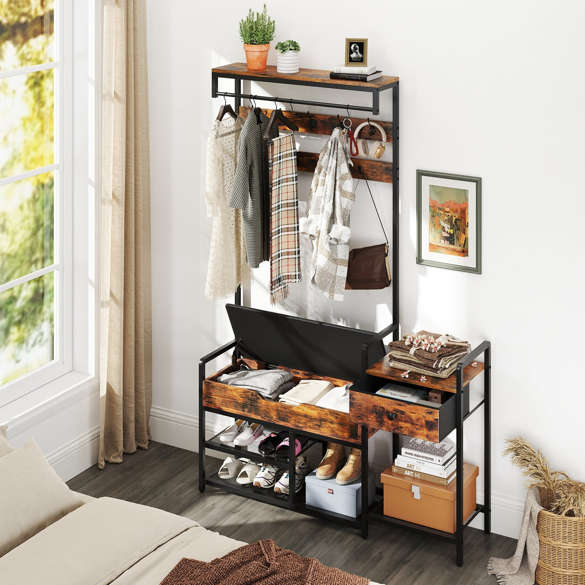 70 Inch Hall Tree with Shoe Storage Bench Freestanding Coat Rack-Rustic Brown